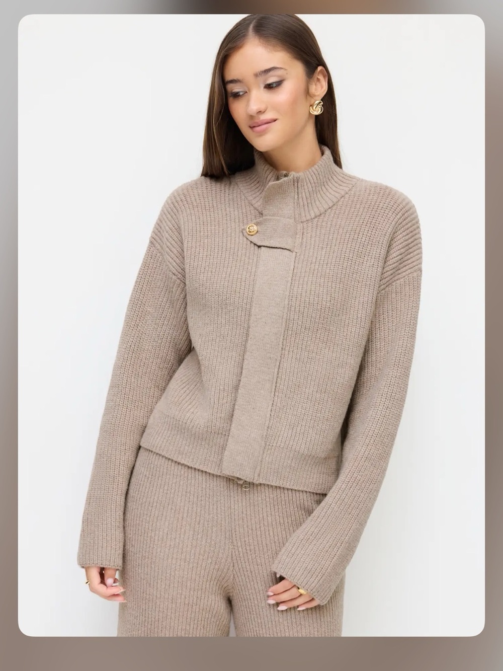 KNIT WOOL-BLEND STAND COLLAR LONG SLEEVE ZIPPER OVERSIZED CHIC CARDIGAN S WC13-6 - Picture 6 of 6